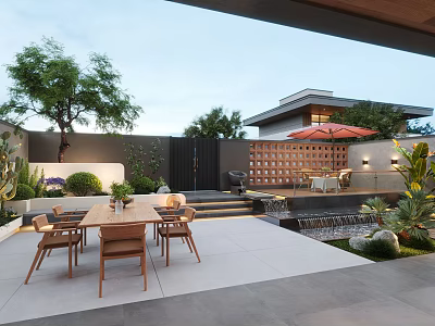 Stylish Courtyard Garden Landscape With Outdoor Dining Table Lush Plants And Trickling Water Feature 3d model