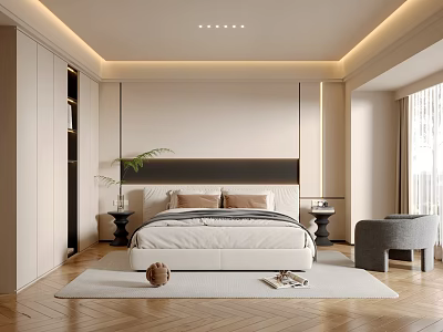 Modern Bedroom Interior Design With Bed Headboard Bedside Tables White Rug And Chair 3d model