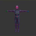 Blue Humanoid Character Wearing Blue Bodysuit With Green Stripes Red Eyes And Outstretched Arms