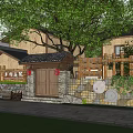 Traditional Rural Self Built House Courtyard With Wooden Structure Stone Wall And Trees
