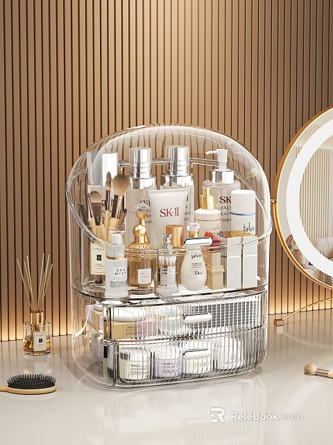 Clear Acrylic Cosmetic Organizer With Perfume Bottles Makeup Brushes And Skincare Products 3d model 