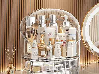 Clear Acrylic Cosmetic Organizer With Perfume Bottles Makeup Brushes And Skincare Products 3d model