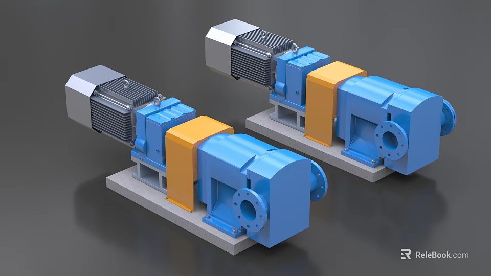 Industrial Blue And Yellow Pumps With Silver Motors On Gray Bases 3d model 