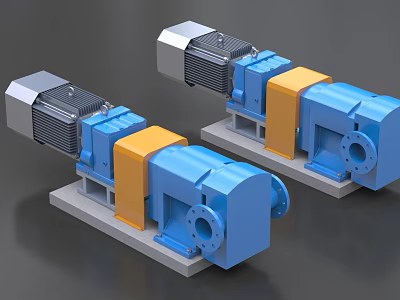 Industrial Blue And Yellow Pumps With Silver Motors On Gray Bases 3d model