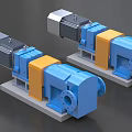 Industrial Blue And Yellow Pumps With Silver Motors On Gray Bases