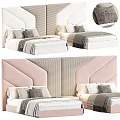 Elegant Double Bed Interior With Upholstered Headboard Decorative Pillows And Textured Bedding 3d model