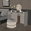 White Dressing Table With Round Mirror Tasseled Stool Cosmetics And Vase In Bedroom