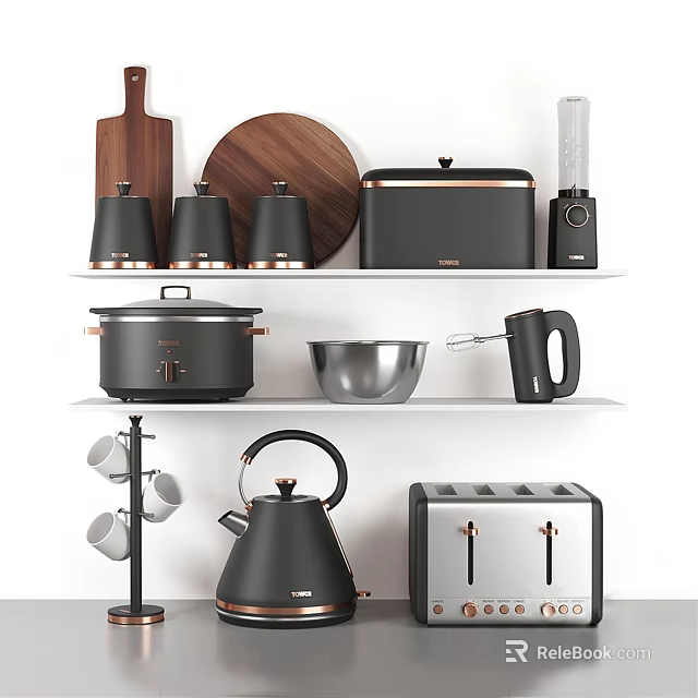 Stylish Black Silver Kitchen Appliances On Shelves With Toaster Blender Kettle And Rice Cooker 3d model 
