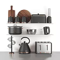 Stylish Black Silver Kitchen Appliances On Shelves With Toaster Blender Kettle And Rice Cooker