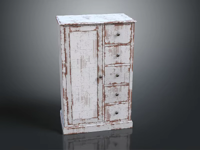 Distressed White Wooden Cabinet With Single Door And Four Drawers Vintage Storage Furniture Design 3d model