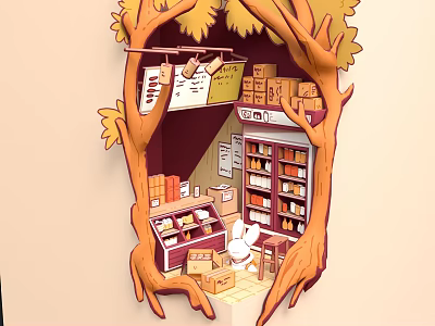 Cartoon Scene of Tree Hollow Shop With Shelves Books Boxes And Small Table Chairs 3d model