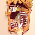 Cartoon Scene of Tree Hollow Shop With Shelves Books Boxes And Small Table Chairs