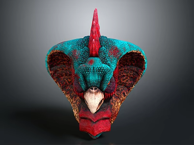 Mythical Creature Head Design With Turquoise Red Spiked Crest Large Ears And Beak 3d model