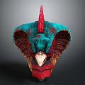 Mythical Creature Head Design With Turquoise Red Spiked Crest Large Ears And Beak