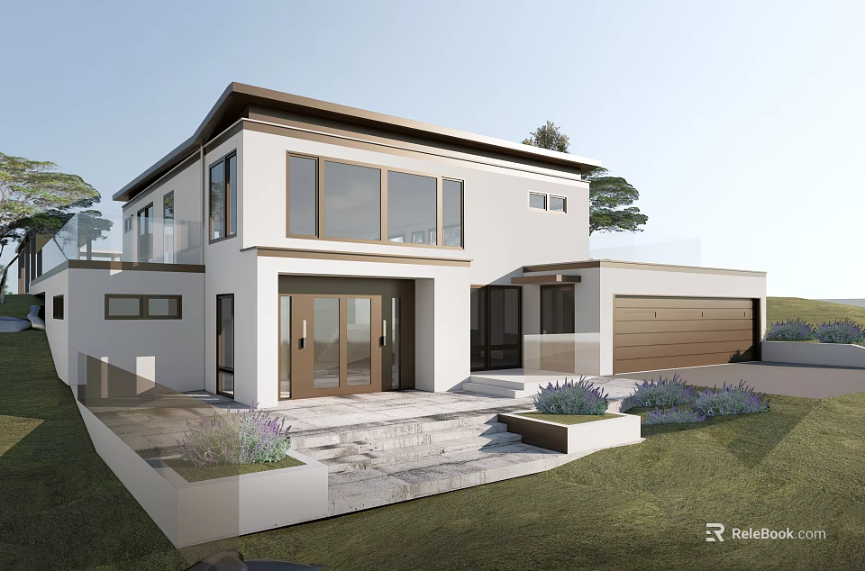 Modern Detached Villa Exterior Design With Large Glass Windows Wooden Door Garage And Landscaped Garden 3d model 