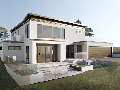 Modern Detached Villa Exterior Design With Large Glass Windows Wooden Door Garage And Landscaped Garden 3d model
