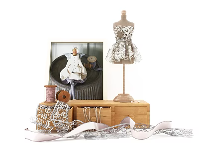 Decorative Ornament Set with Dress Form Mannequin Lace Dress Picture Frame Wooden Box and Ribbons 3d model