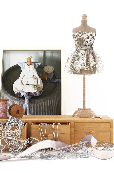Decorative Ornament Set with Dress Form Mannequin Lace Dress Picture Frame Wooden Box and Ribbons 3d model
