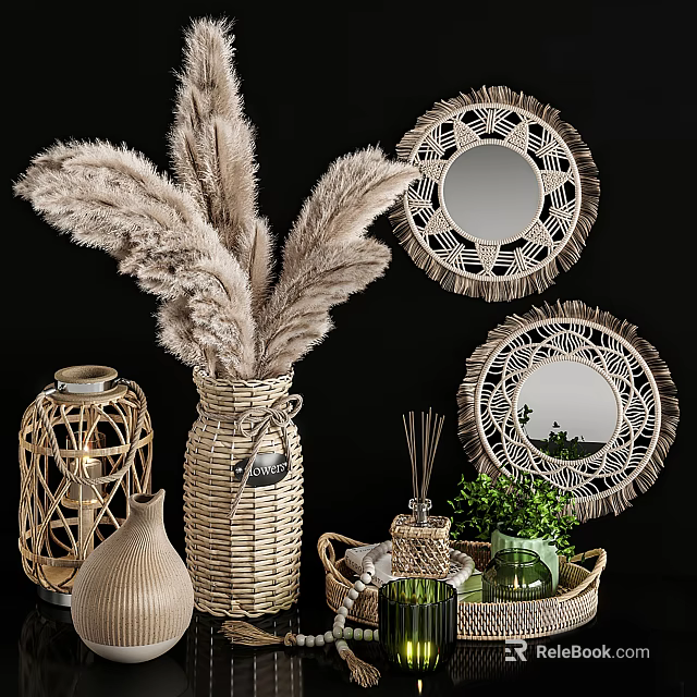 Decorative Ornament Set with Pampas Grass Woven Mirrors Vases Lantern Diffuser and Green Plant 3d model 