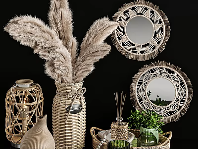Decorative Ornament Set with Pampas Grass Woven Mirrors Vases Lantern Diffuser and Green Plant 3d model