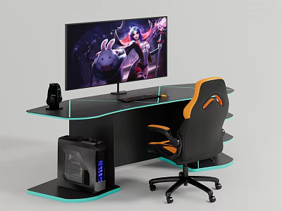 Gaming Functional Desk With Monitor PC Case RGB Lighting And Orange Black Chair 3d model