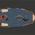 Cartoon Style Wooden Boat With Red Chimney Blue Windows And White Lifebuoys