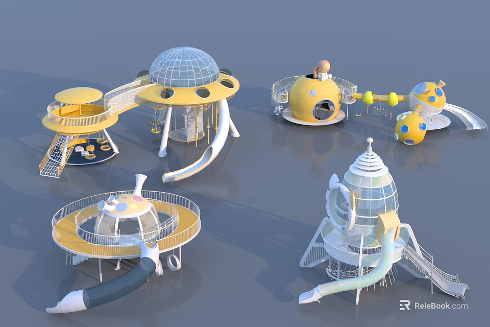 Space Themed Playground Equipment With Yellow White Dome Structure And Rocket Shaped Slides 3d model 