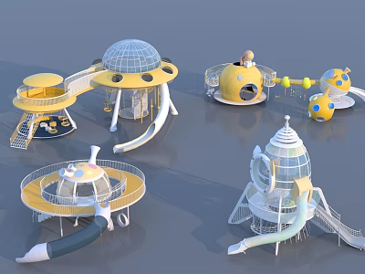 Space Themed Playground Equipment With Yellow White Dome Structure And Rocket Shaped Slides 3d model