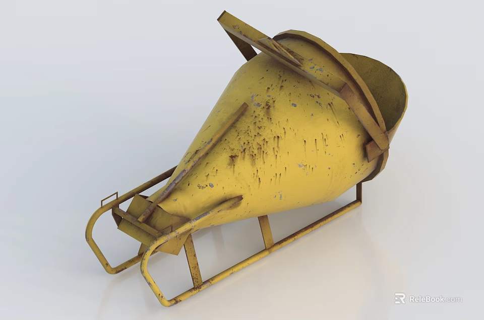 Yellow Metal Funnel Shaped Industrial Equipment with Rustic Surface and Metal Stand 3d model 