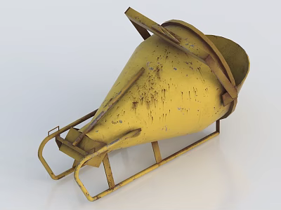 Yellow Metal Funnel Shaped Industrial Equipment with Rustic Surface and Metal Stand 3d model
