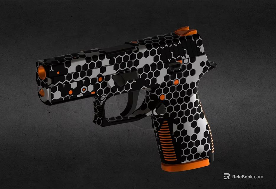 Modern Tactical Pistol Featuring Black and Orange Hexagonal Pattern Grip Design 3d model 