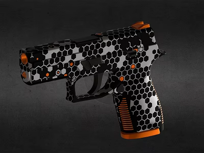 Modern Tactical Pistol Featuring Black and Orange Hexagonal Pattern Grip Design 3d model