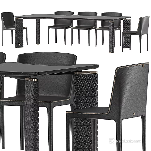 Modern Dining Table Set With Black Leather Chairs And Geometric Textured Legs Design 3d model 