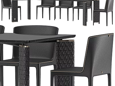 Modern Dining Table Set With Black Leather Chairs And Geometric Textured Legs Design 3d model