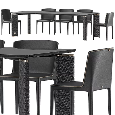 Modern Dining Table Set With Black Leather Chairs And Geometric Textured Legs Design 3d model