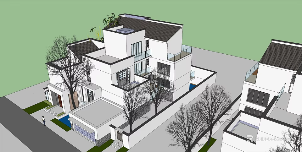 Modern Detached Villa With Dark Roof Multiple Floors Large Windows And Trees Around 3d model 