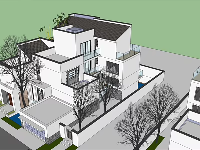 Modern Detached Villa With Dark Roof Multiple Floors Large Windows And Trees Around 3d model