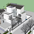 Modern Detached Villa With Dark Roof Multiple Floors Large Windows And Trees Around