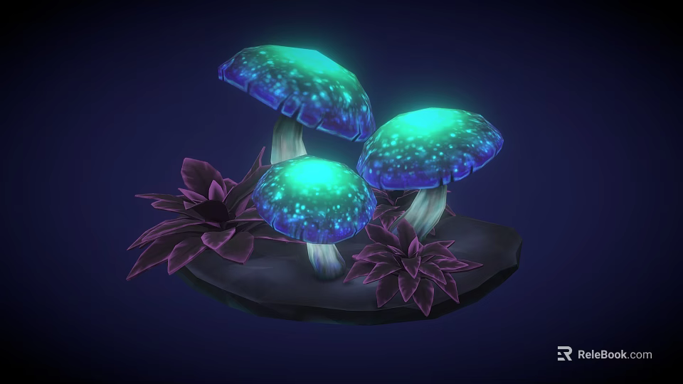 Magical Cartoon Scene With Glowing Mushrooms Turquoise Glow And Purple Leaves 3d model 