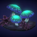 Magical Cartoon Scene With Glowing Mushrooms Turquoise Glow And Purple Leaves