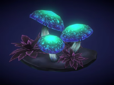 Magical Cartoon Scene With Glowing Mushrooms Turquoise Glow And Purple Leaves 3d model