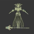 Dark Fantasy Woman In Intricate Black Outfit With Spiked Headdress And Blue Glowing Accents