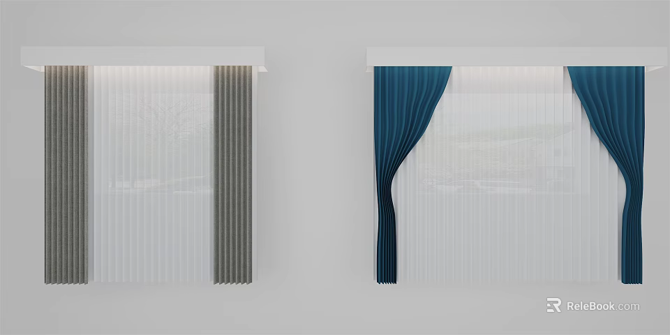 Gray Vertical Striped and Blue Pleated Curtains in Modern Window Interior Design 3d model 