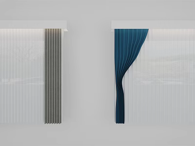 Gray Vertical Striped and Blue Pleated Curtains in Modern Window Interior Design 3d model