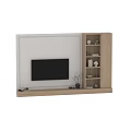 Modern Sofa Backdrop Wall Design With Mounted TV Wooden Shelves And Decorative Items