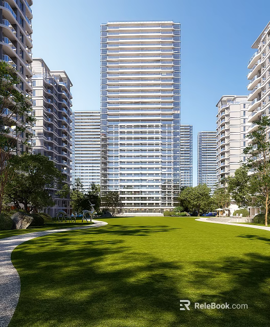 Modern High Rise Residential Building With Green Lawn Trees And Pathway 3d model 