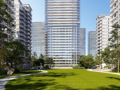Modern High Rise Residential Building With Green Lawn Trees And Pathway 3d model