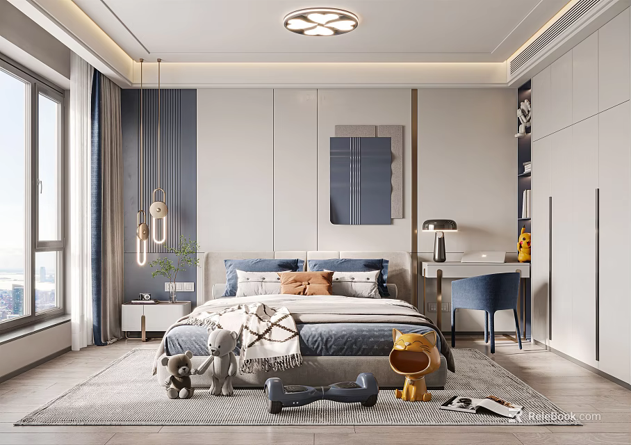 Modern Kids Room Interior Design With Bed Toys Desk And Decorative Elements 3d model 