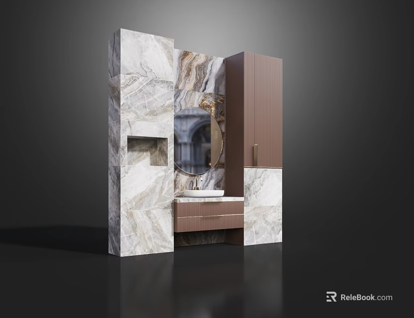 Modern Bathroom Vanity With Marble Surface Brown Cabinet And Mirror 3d model 