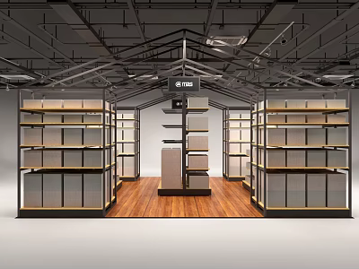 Commercial Display Shelves With Modern Design Wooden Floor And Black Frame Structure 3d model